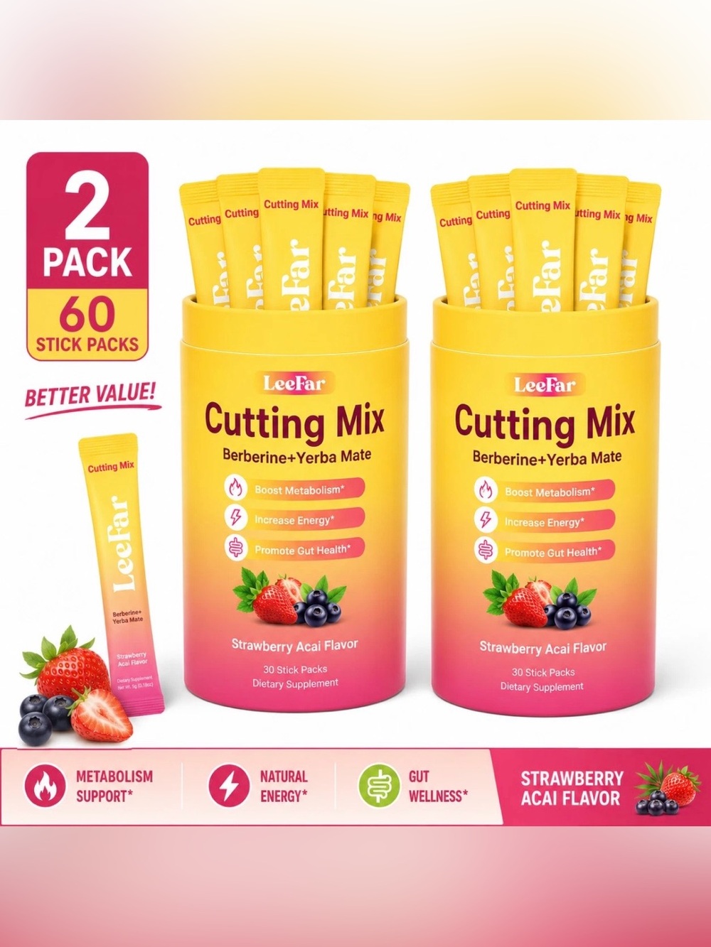 2 Pack LeeFar Cutting Drink Mix Craving Control & Gut Health 30 Sticks/Can